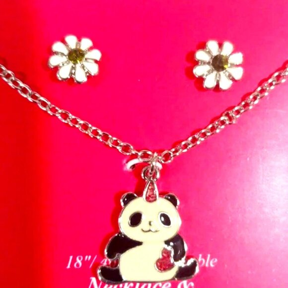 Elegant Silver-Tone Panda Pendant Necklace & Matching Stud Earrings - Cute, Chic - Picture 1 of 10